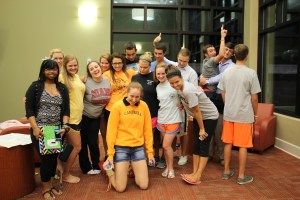 A group of freshman having fun in Pat Barker lobby